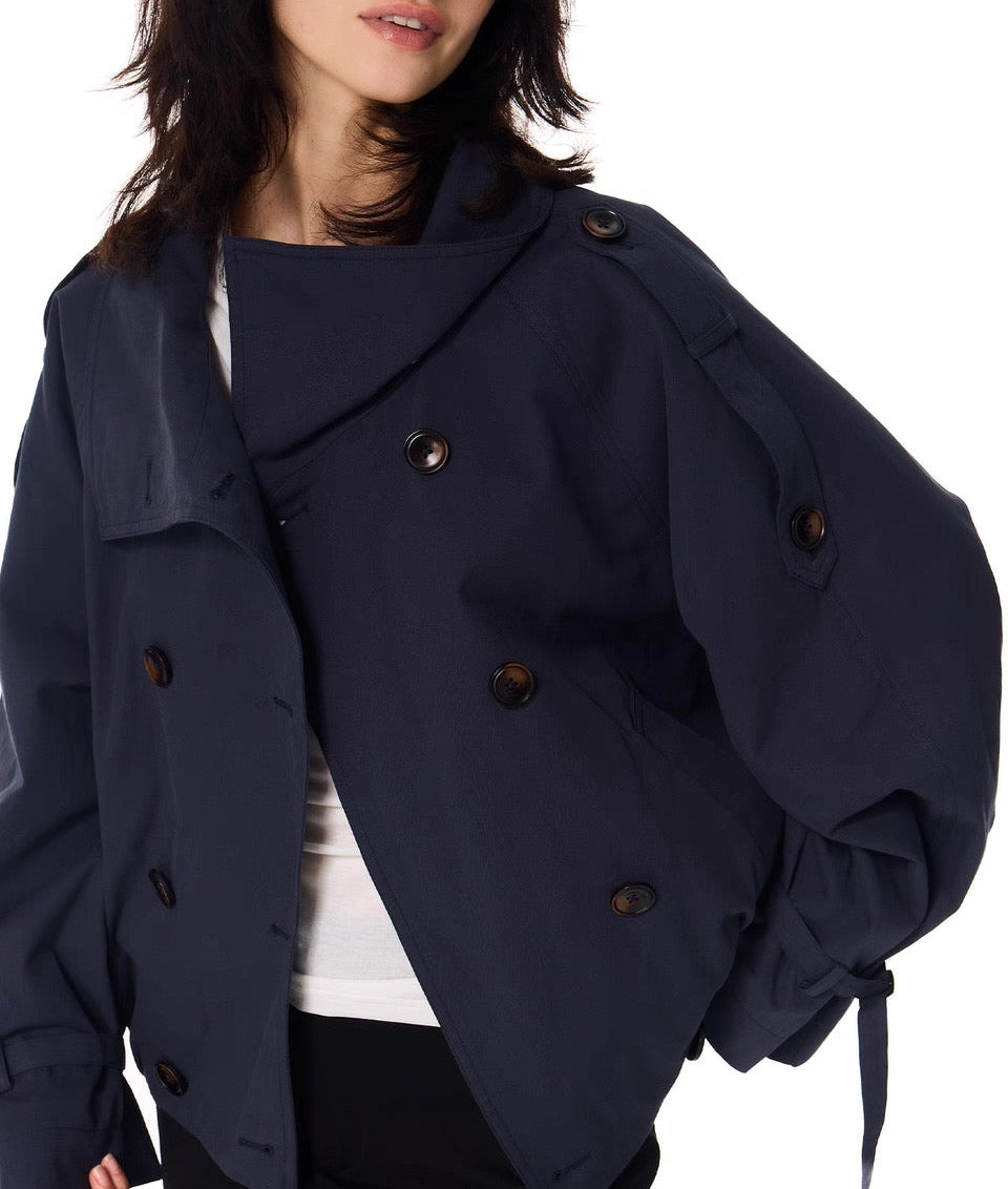 Gathered Trench Jacket in Navy Blue