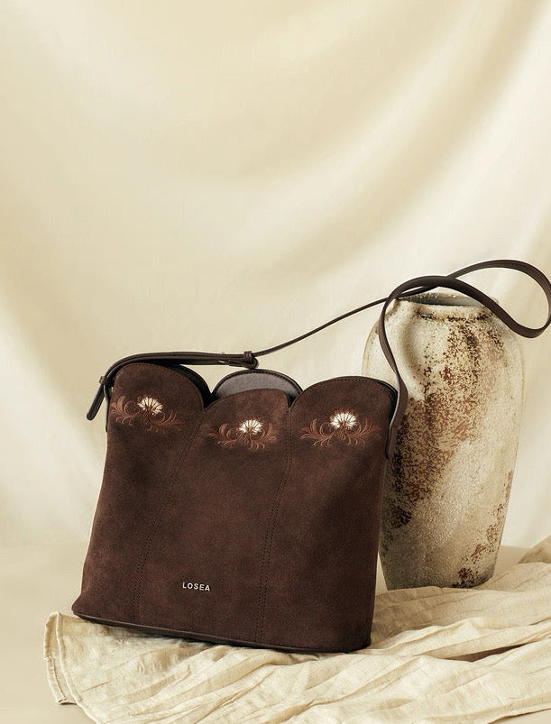 Embroidered Bag in Dark Suede