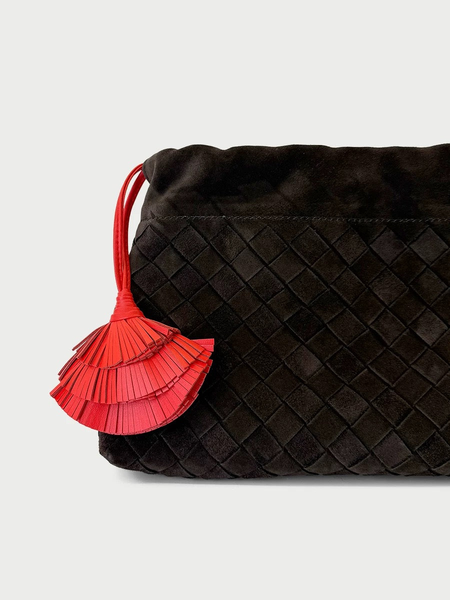 Two-tone Woven Clutch\ Shoulder Bag (Chocolate Suede & Red)