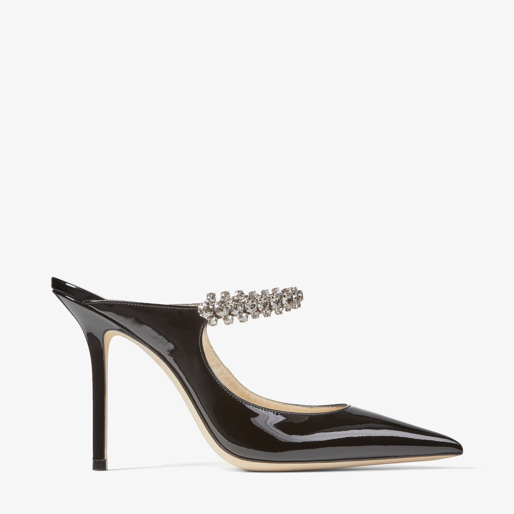 Black Patent Leather Mules with Crystal Strap