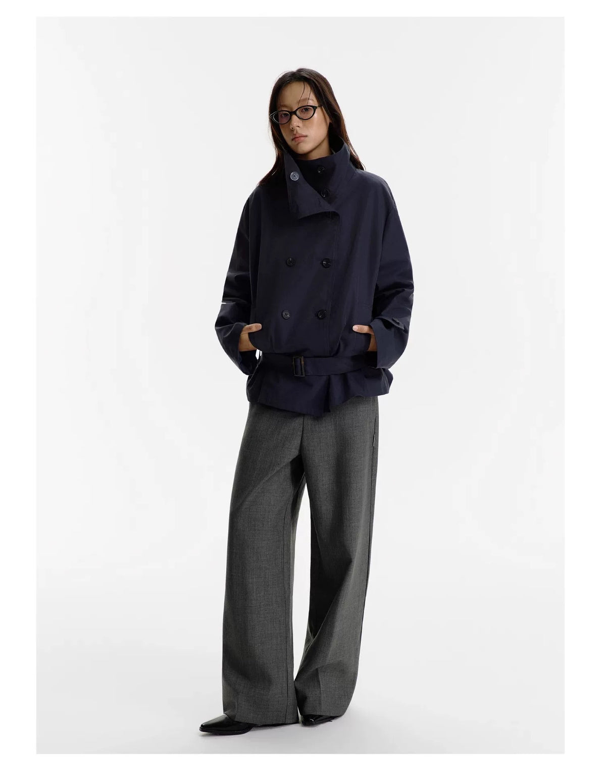 Mid-Length Trench Jacket in Navy Blue