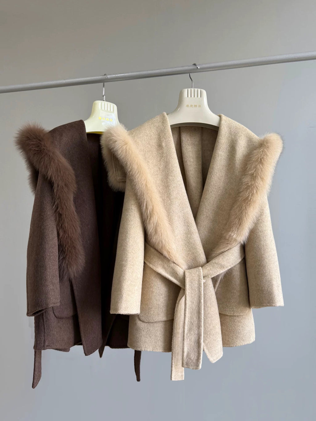Fox Fur Collar Coat in Beige