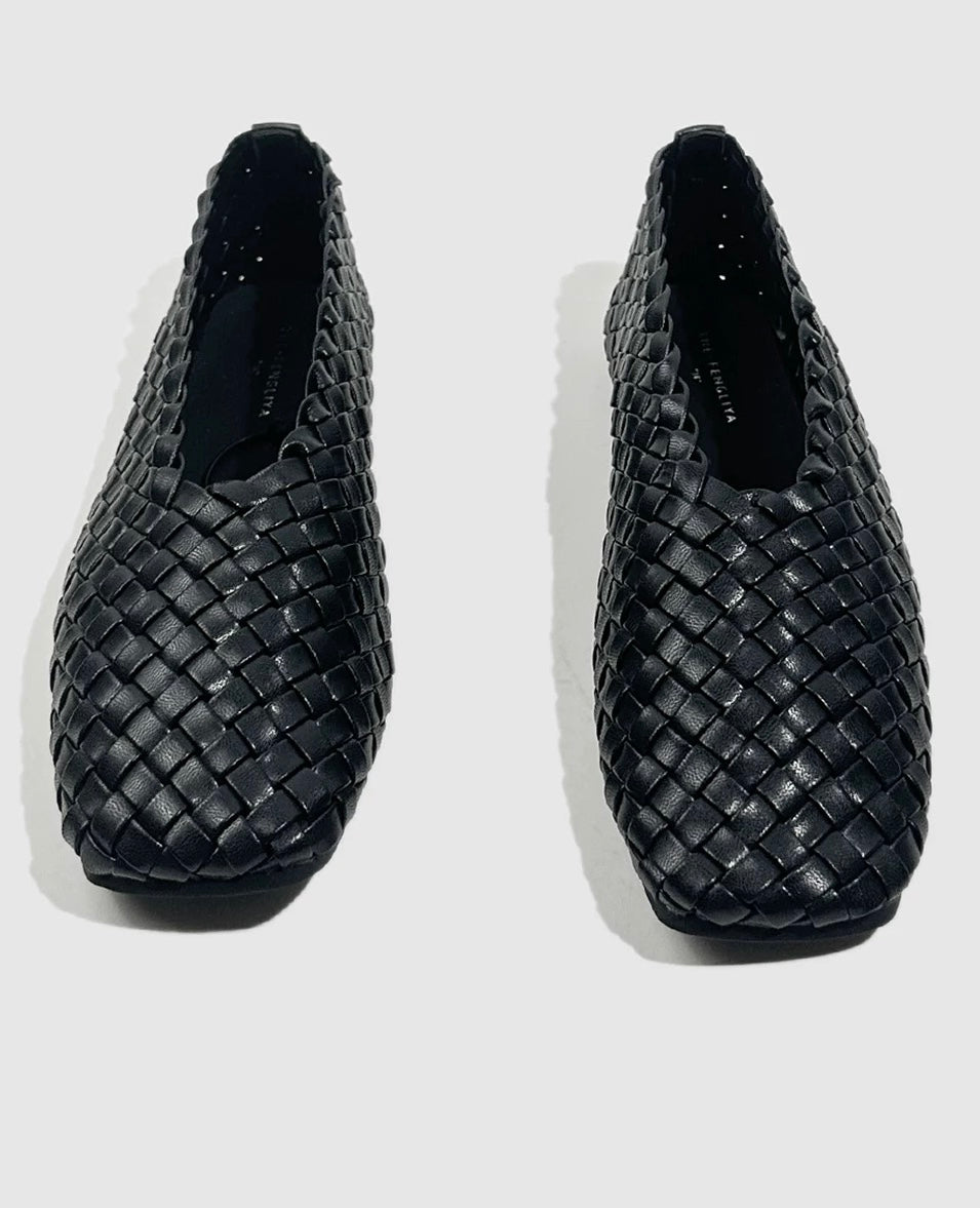 Woven Leather Flats in Black