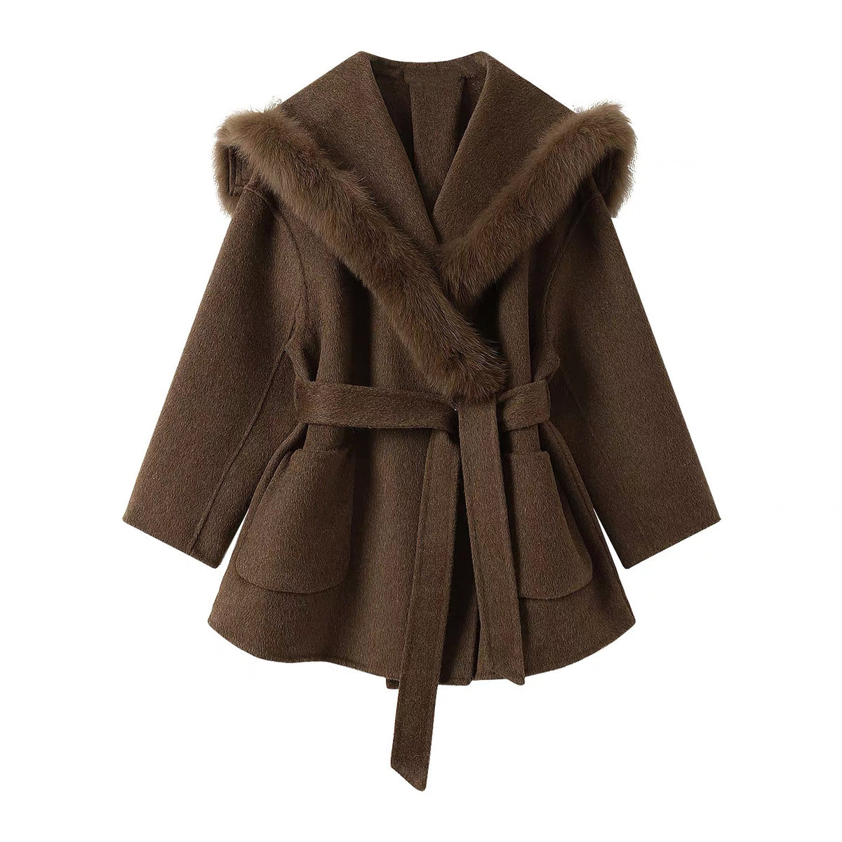 Fox Fur Collar Coat in Brown