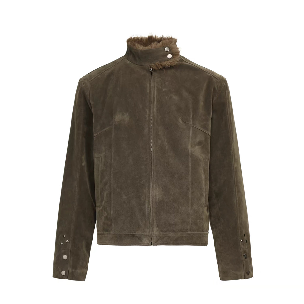 Suede\Fur Studded Jacket in Olive Green (Immediate)