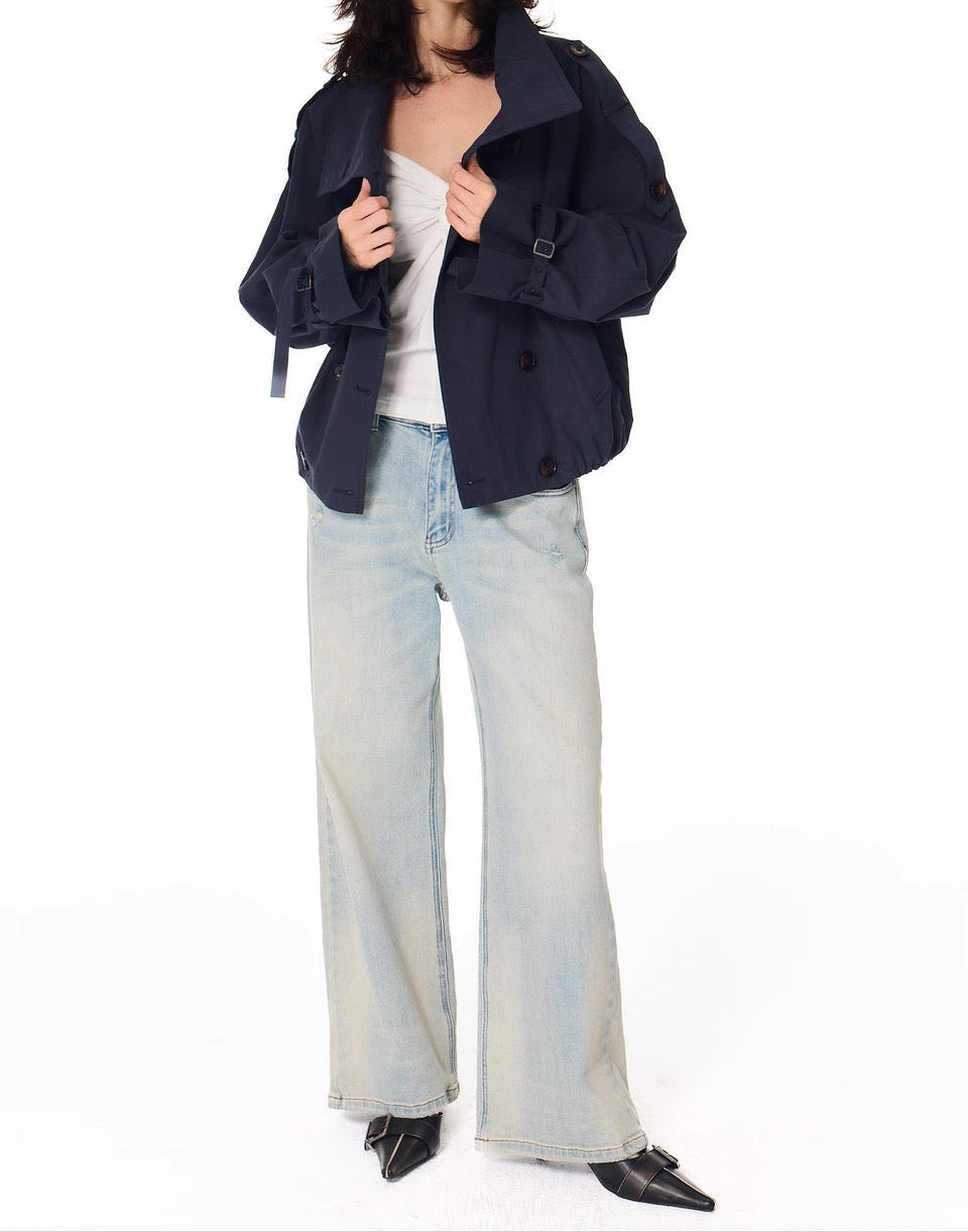 Gathered Trench Jacket in Navy Blue