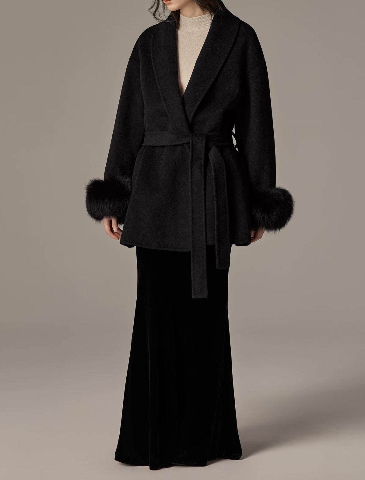Fur Sleeves Coat in Black