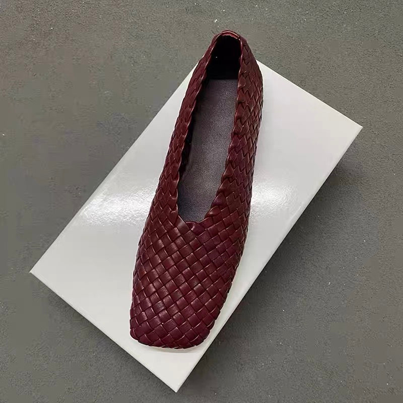 Woven Leather Flats in Burgundy