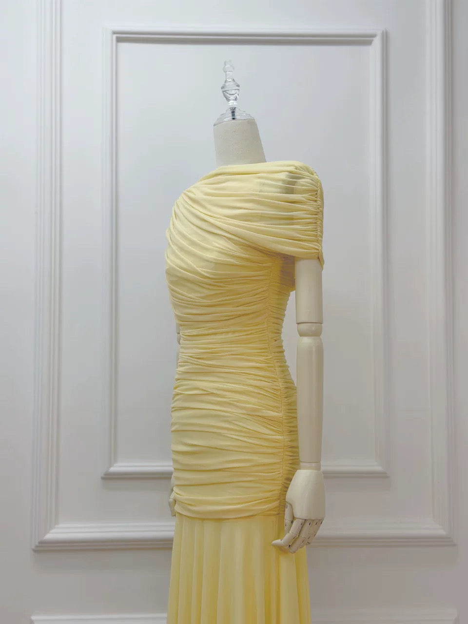 Draped Shoulder Maxi Dress in Butter Yellow