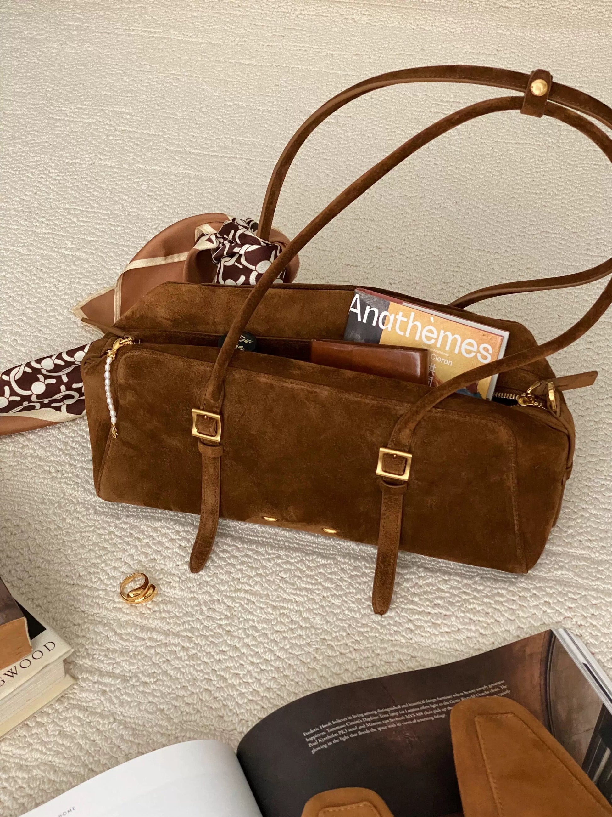 Suede Shoulder Baguette in Tan