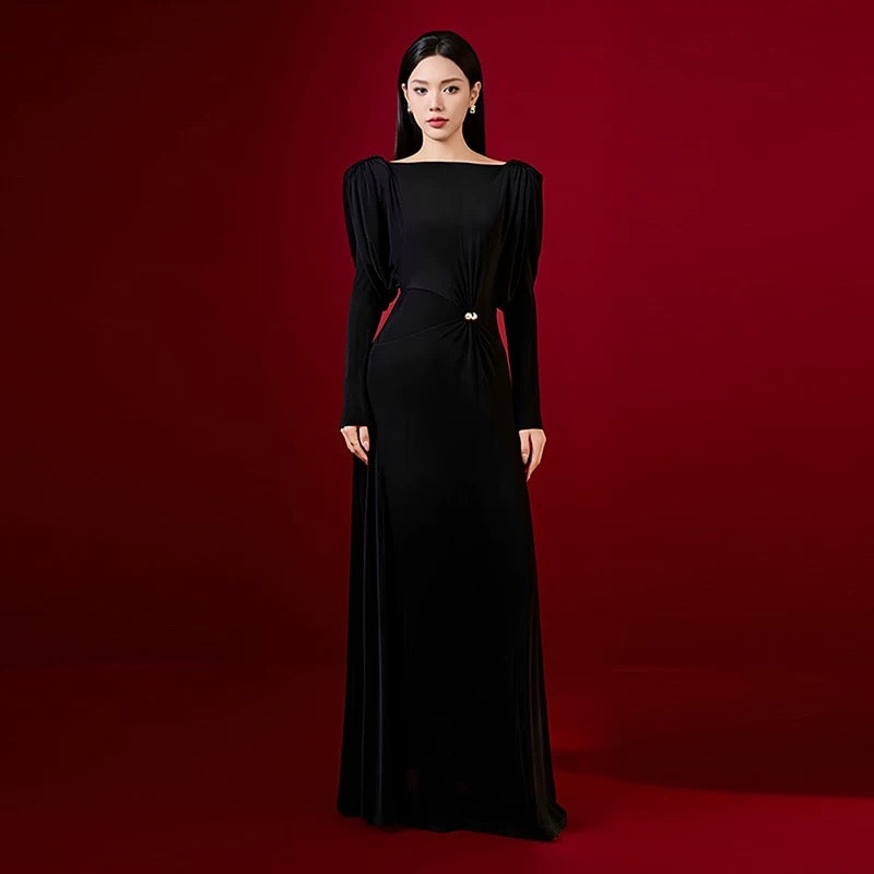 Long Sleeved Dress with Drapes- brown