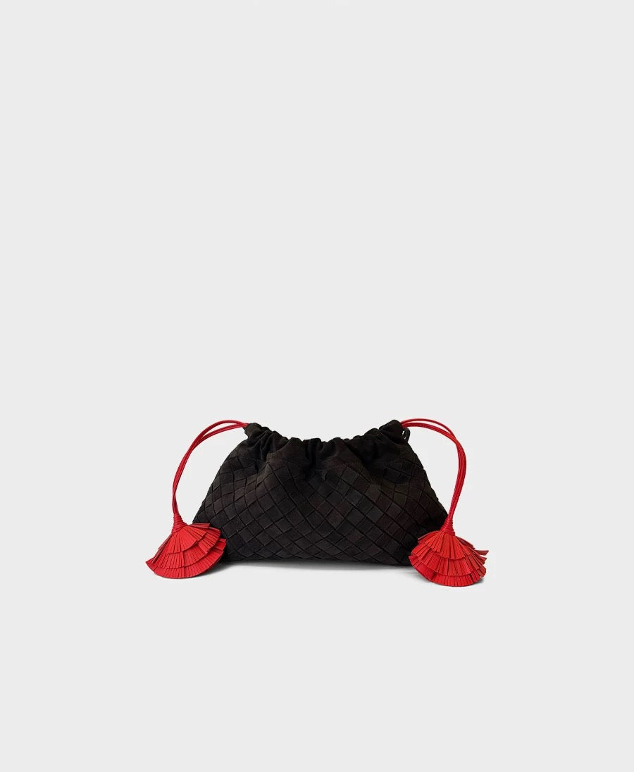 Two-tone Woven Clutch\ Shoulder Bag (Chocolate Suede & Red)