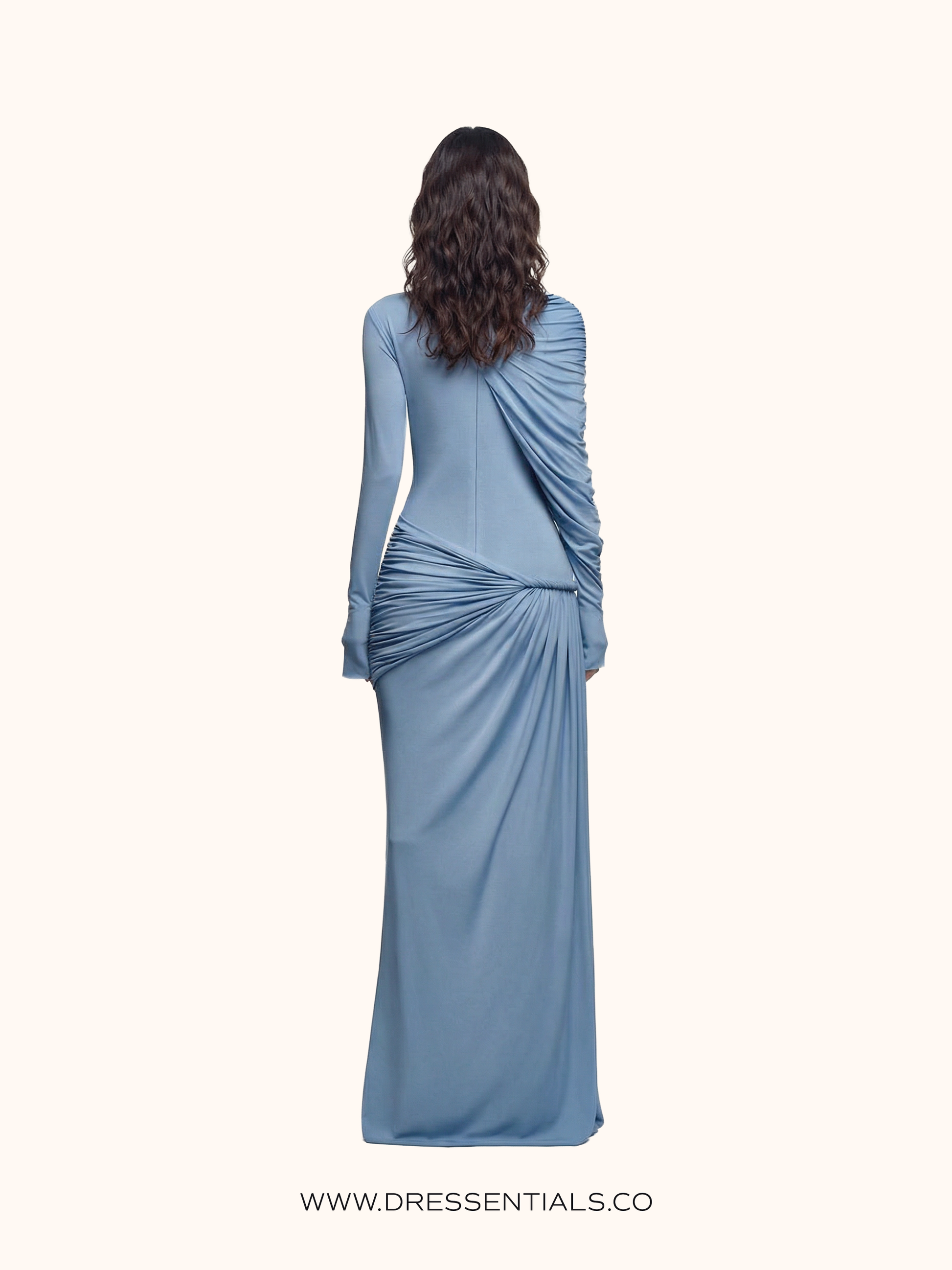 Rushed Long-Sleeve Maxi Dress in Sky Blue