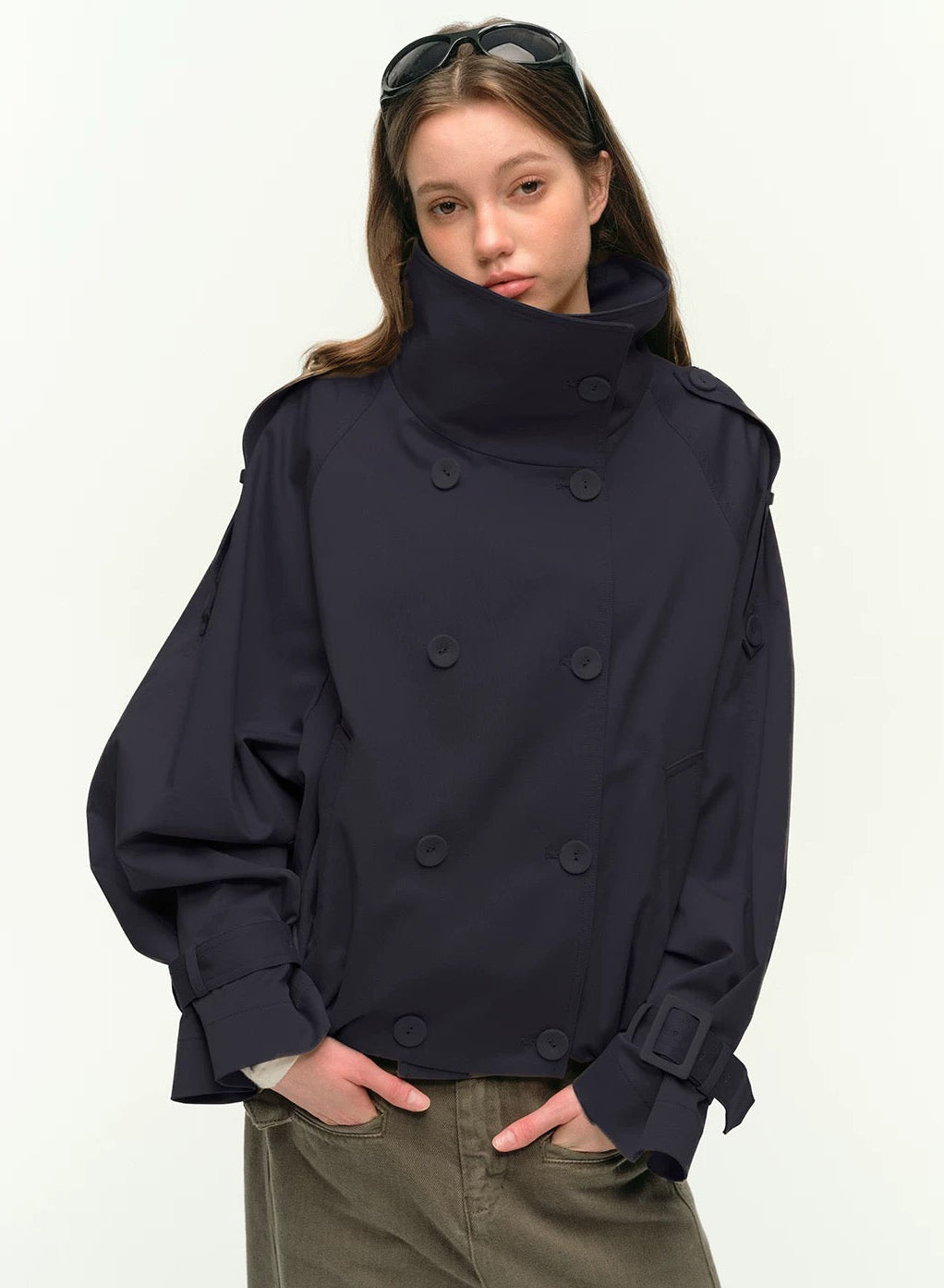 Short Trench Coat in Navy Blue