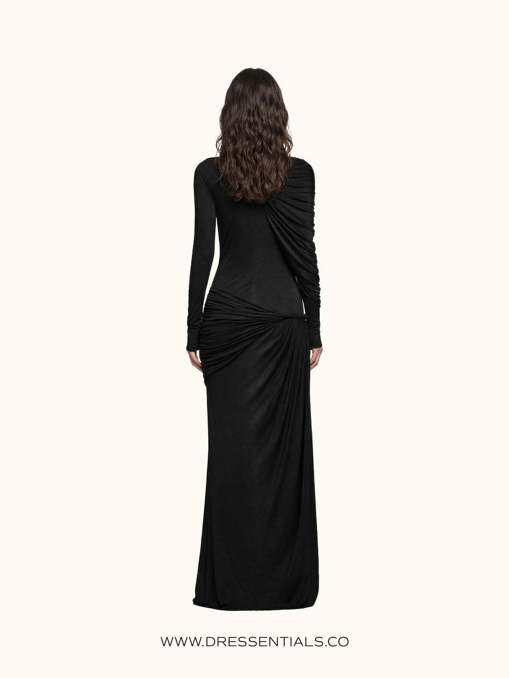 Ruched Long-Sleeve Maxi Dress in Black