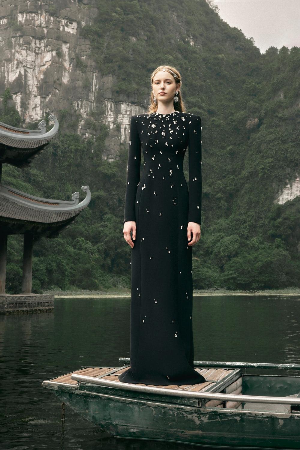 Stone Embellished Long Sleeve Dress