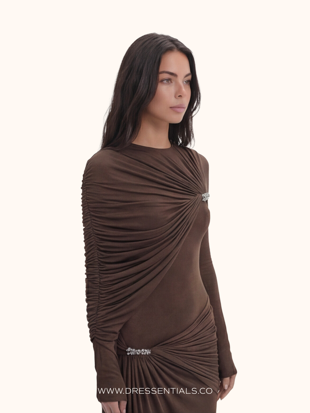 Ruched Long-Sleeve Maxi Dress in Brown