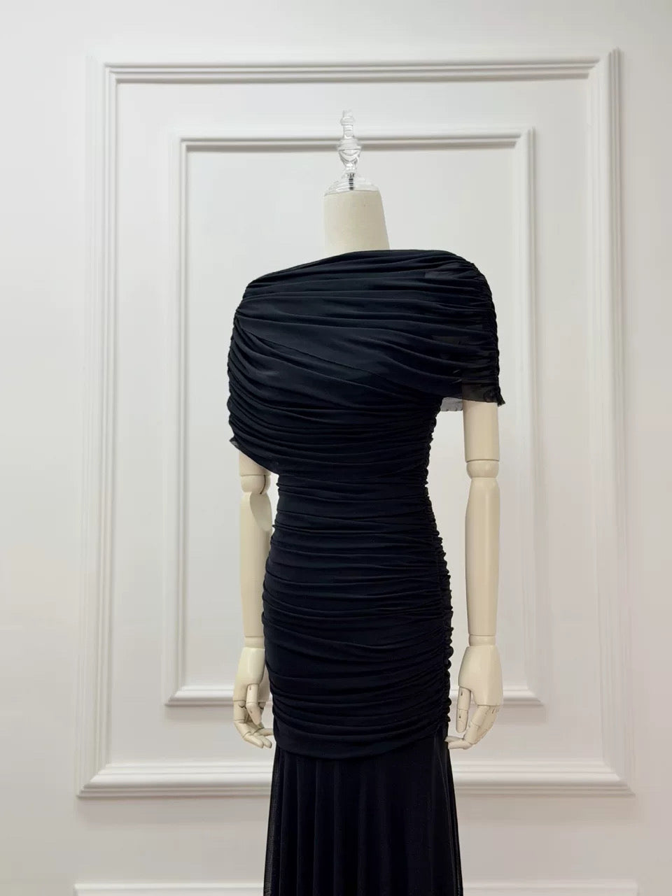 Draped Shoulder Maxi Dress in Black