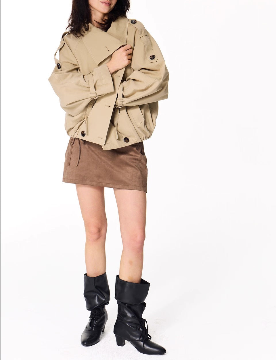 Gathered Trench Jacket in Beige