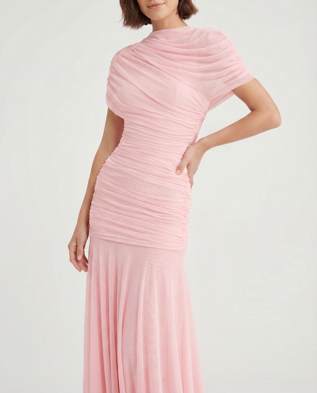 Draped Shoulder Maxi Dress in Pink