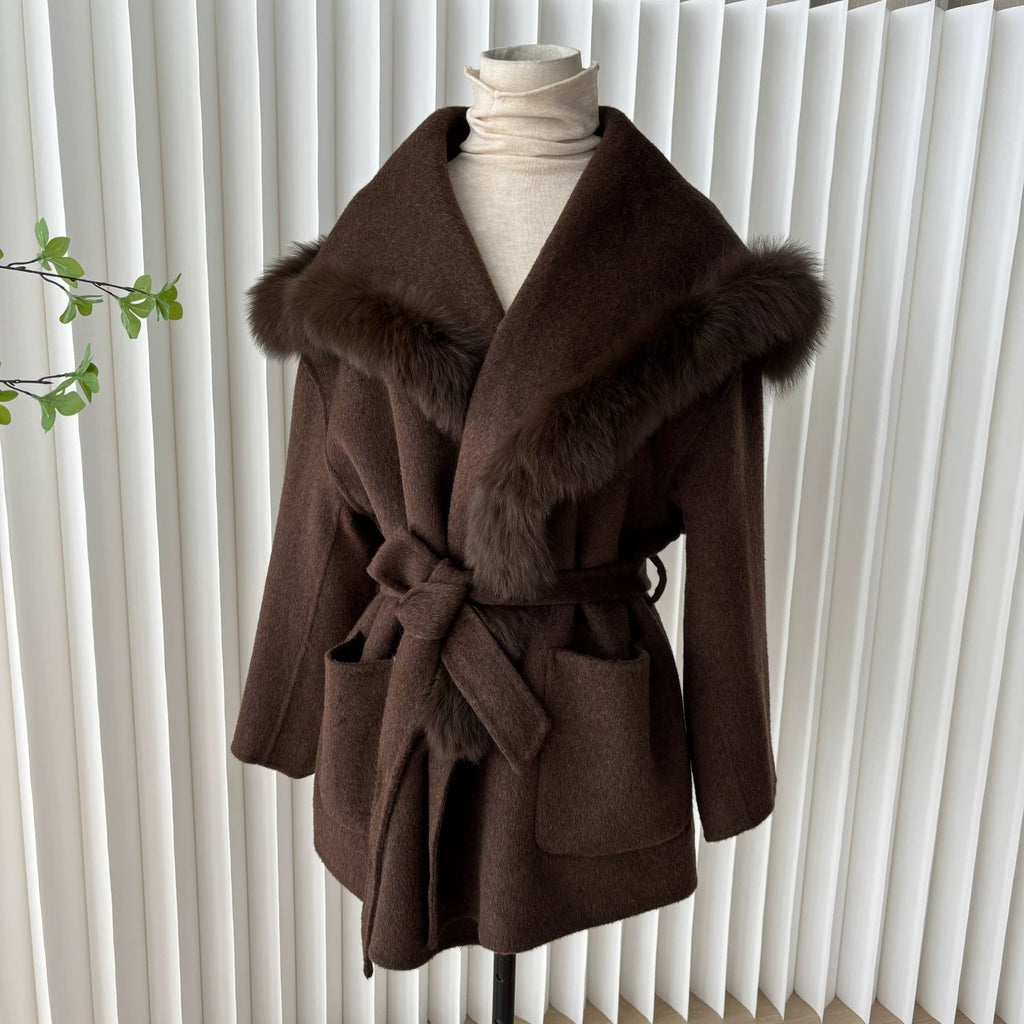 Fox Fur Collar Coat in Brown