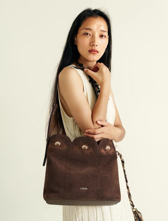 Embroidered Bag in Dark Suede