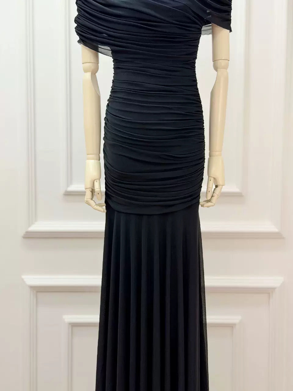 Draped Shoulder Maxi Dress in Black