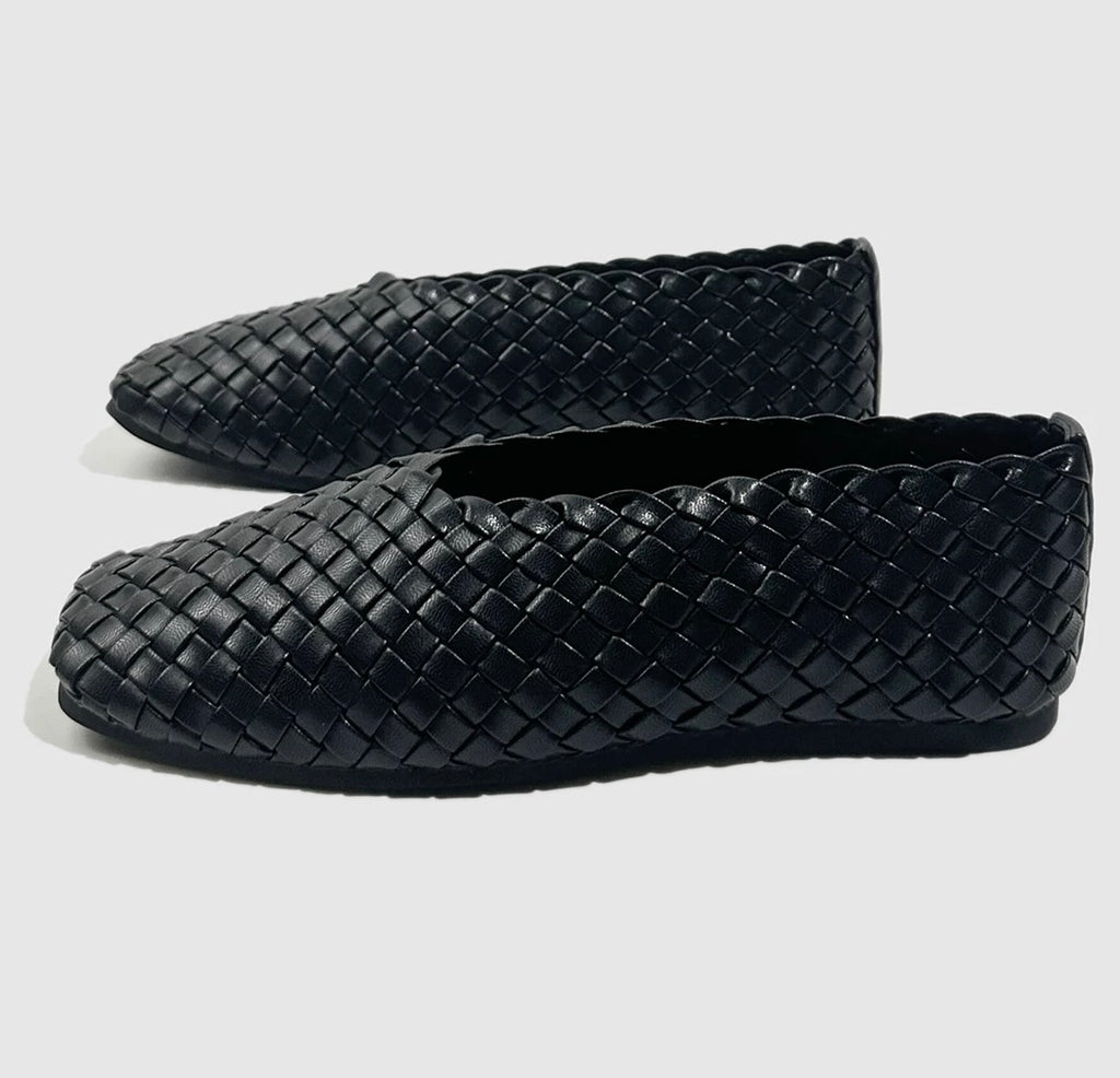Woven Leather Flats in Black