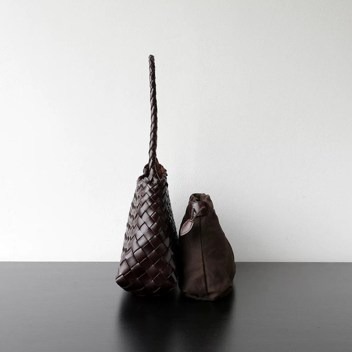Woven Shoulder Bag in Dark Brown