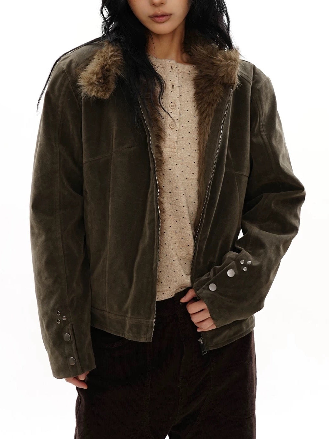 Suede\Fur Studded Jacket in Olive Green (Immediate)