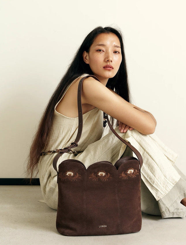 Embroidered Bag in Dark Suede