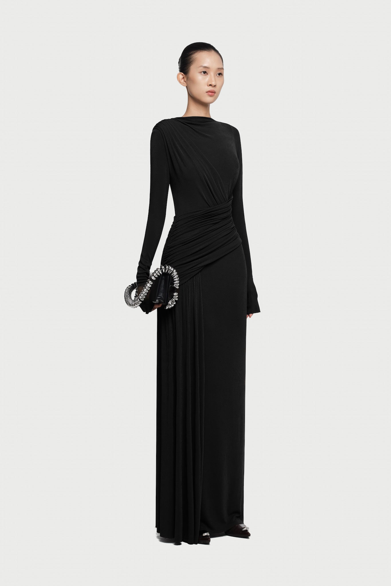 Maxi Long Sleeved Dress with Front and Back Drapes