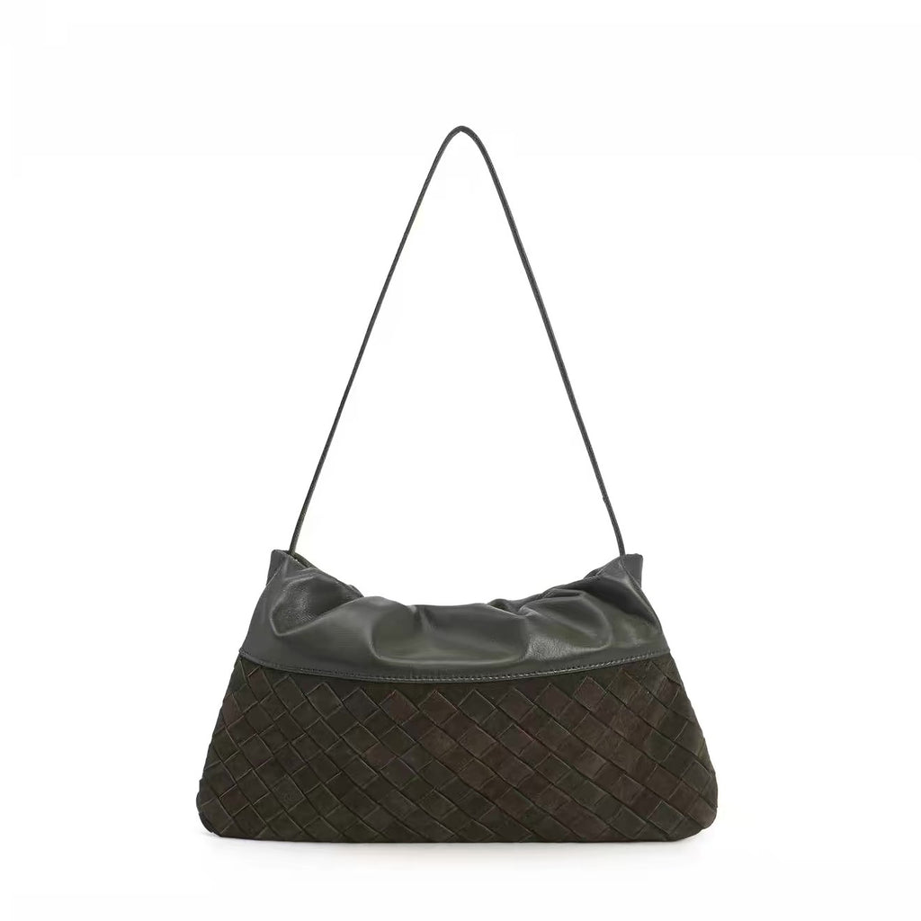 Two-tone Woven Shoulder Bag in Olive Green
