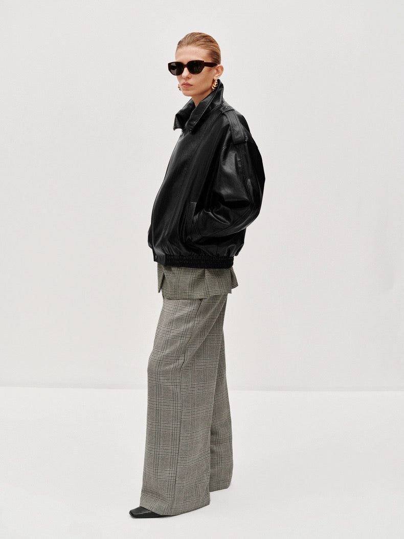 TIE ASYMMETRIC FAUX LEATHER BOMBER JACKET in black