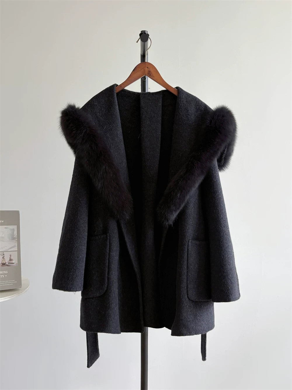 Fox Fur Collar Coat in Black
