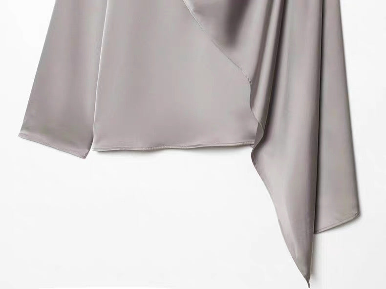 Satin Blouse with Drapes in Grey