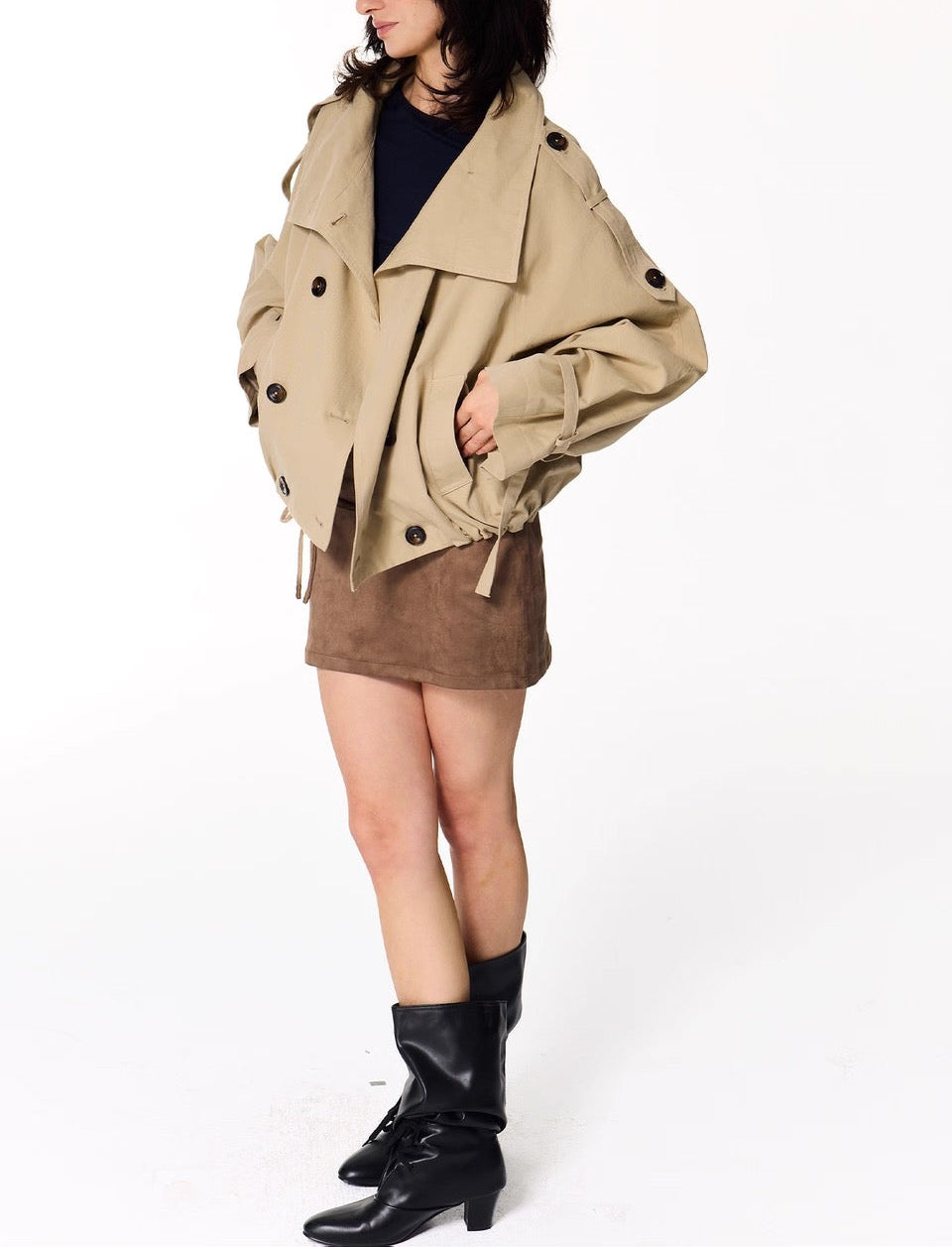 Gathered Trench Jacket in Beige