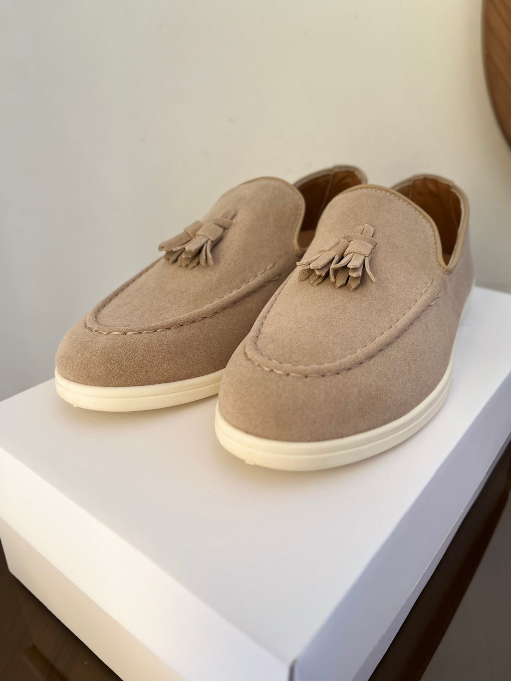 Suede Slip On Loafers in Beige (Immediate)