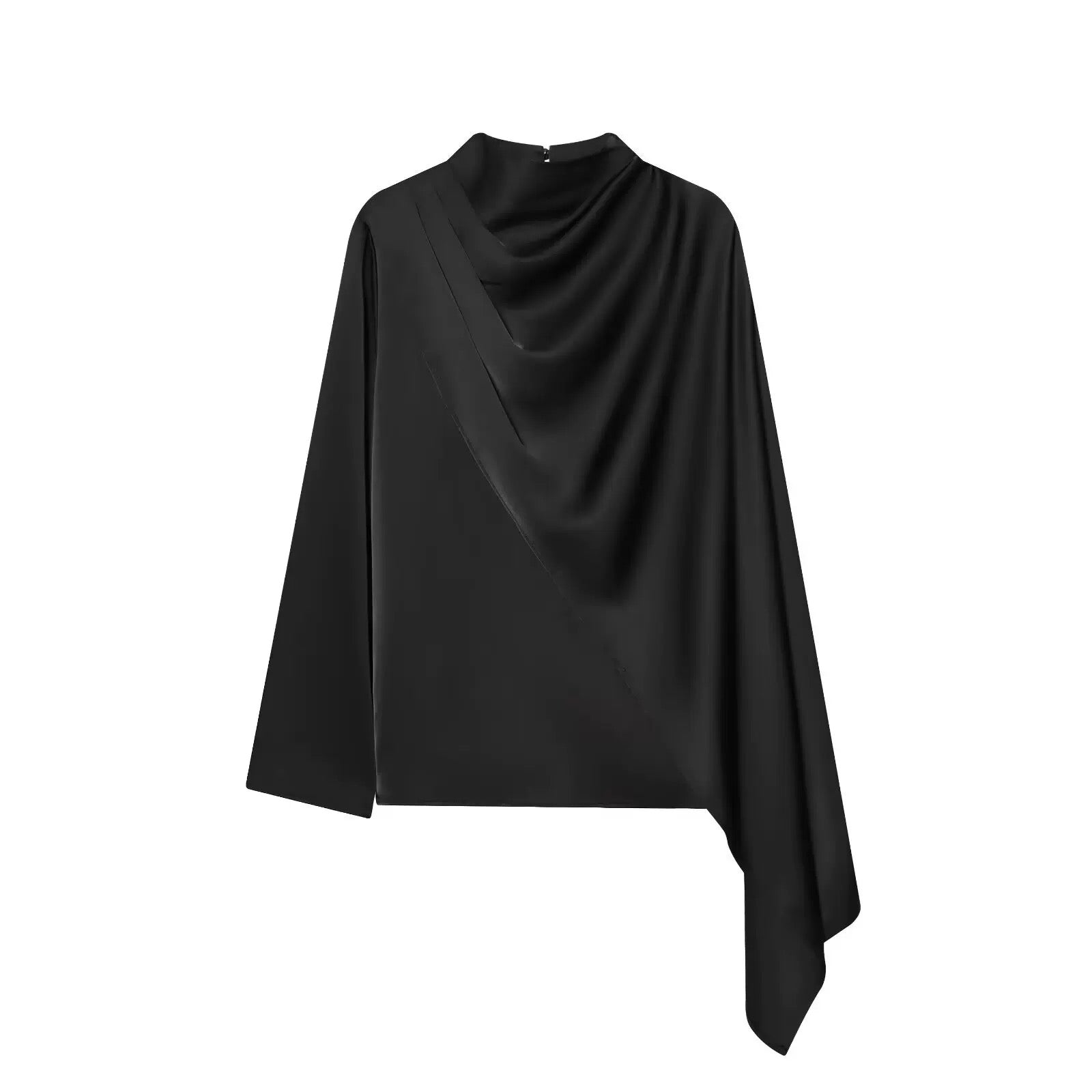 Satin Blouse with Drapes in Black