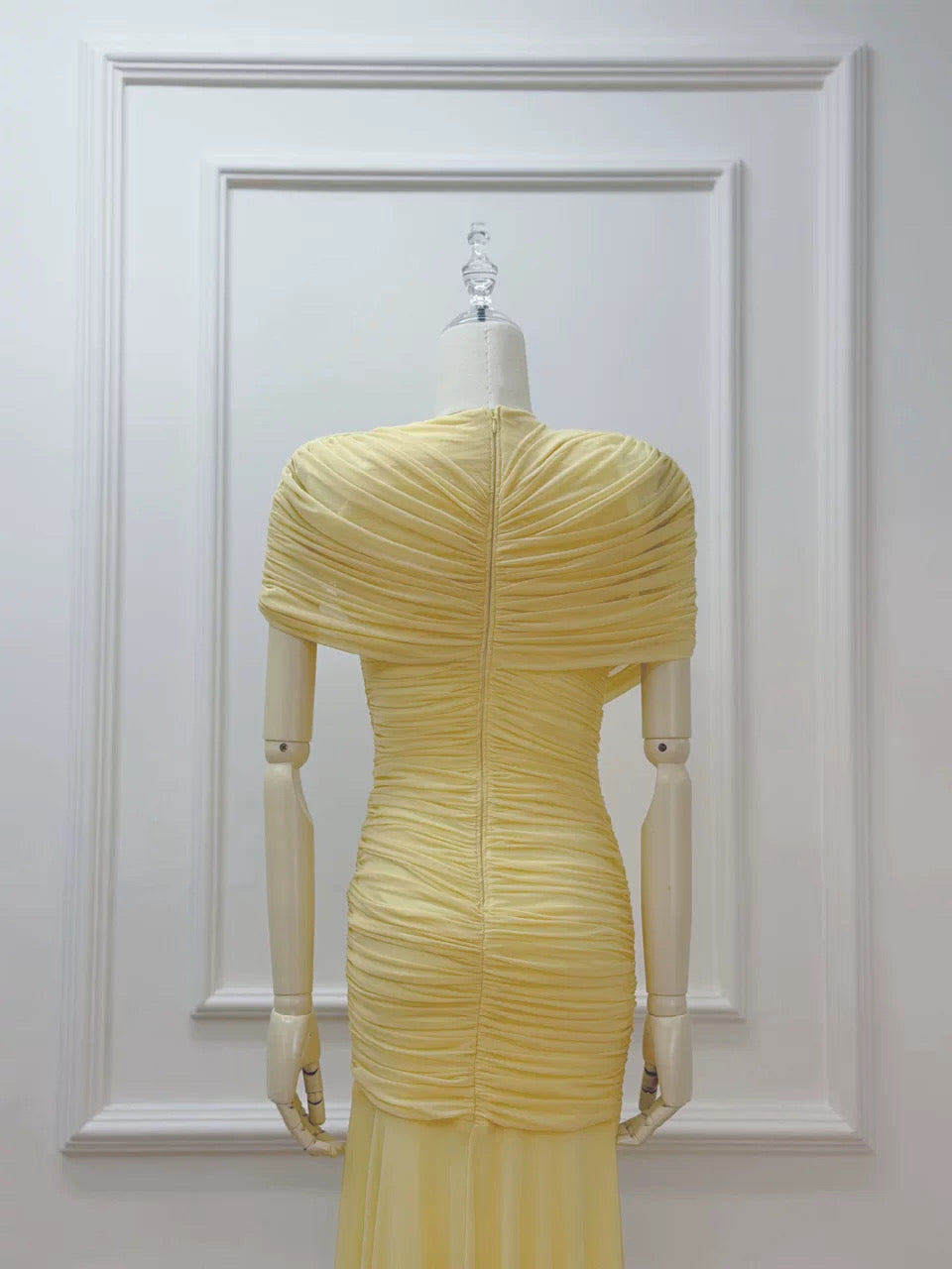 Draped Shoulder Maxi Dress in Butter Yellow