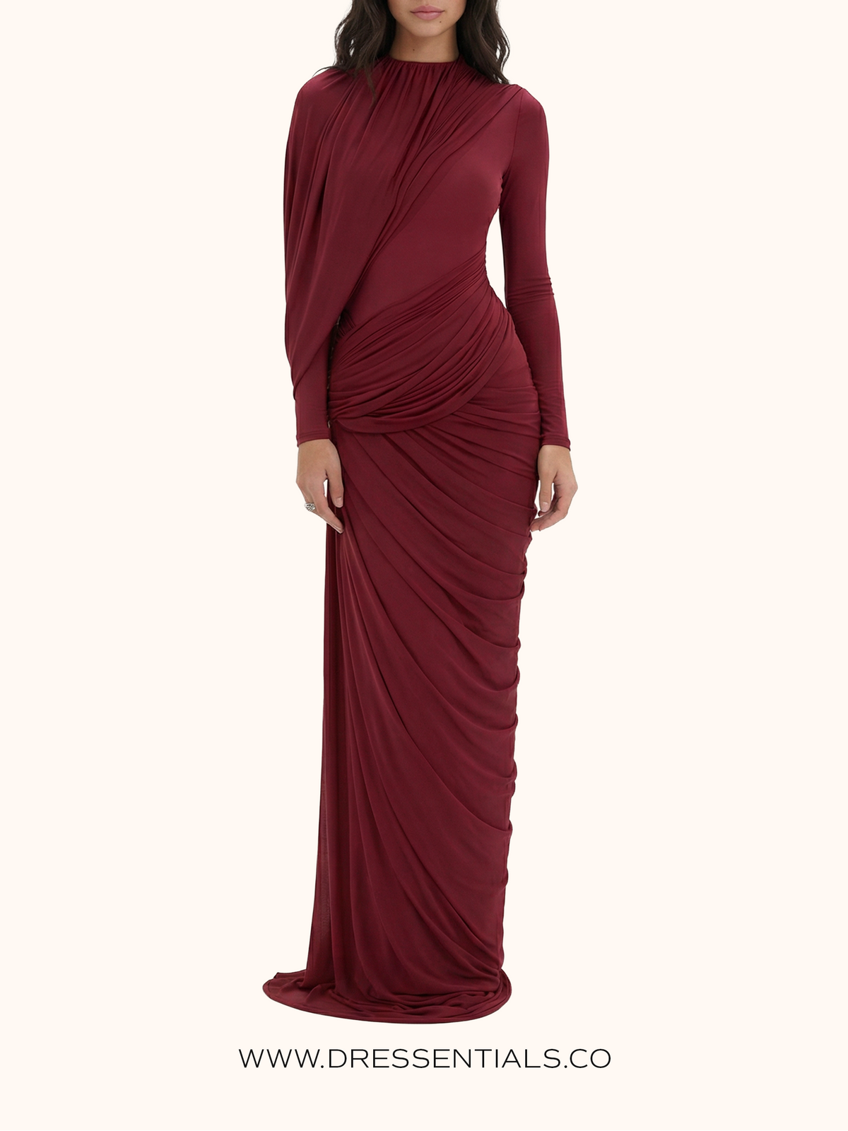 Asymmetric Pleated Drape Maxi Dress in Deep Red (Immediate)