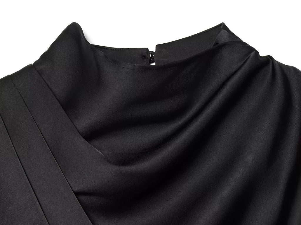 Satin Blouse with Drapes in Black