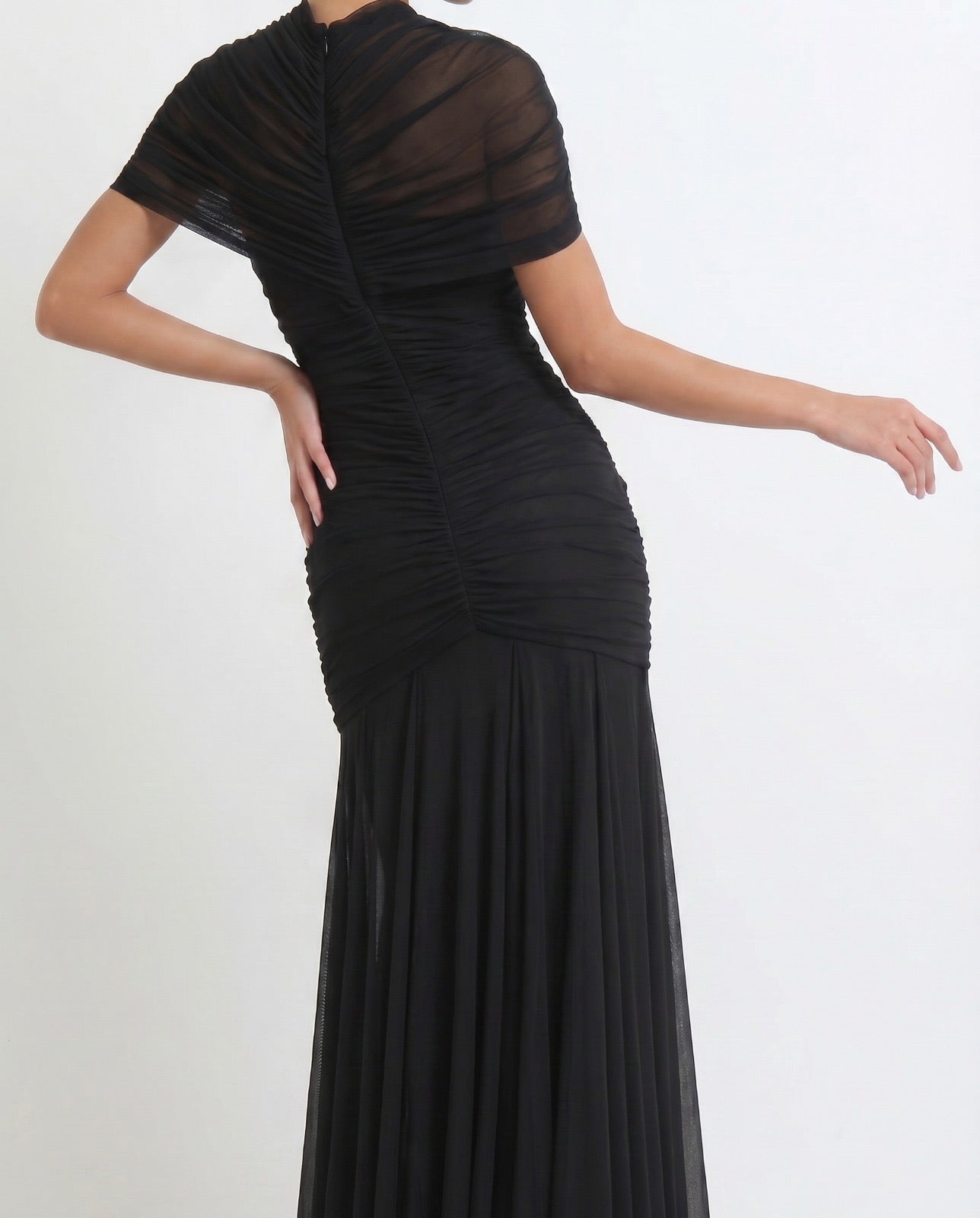 Draped Shoulder Maxi Dress in Black