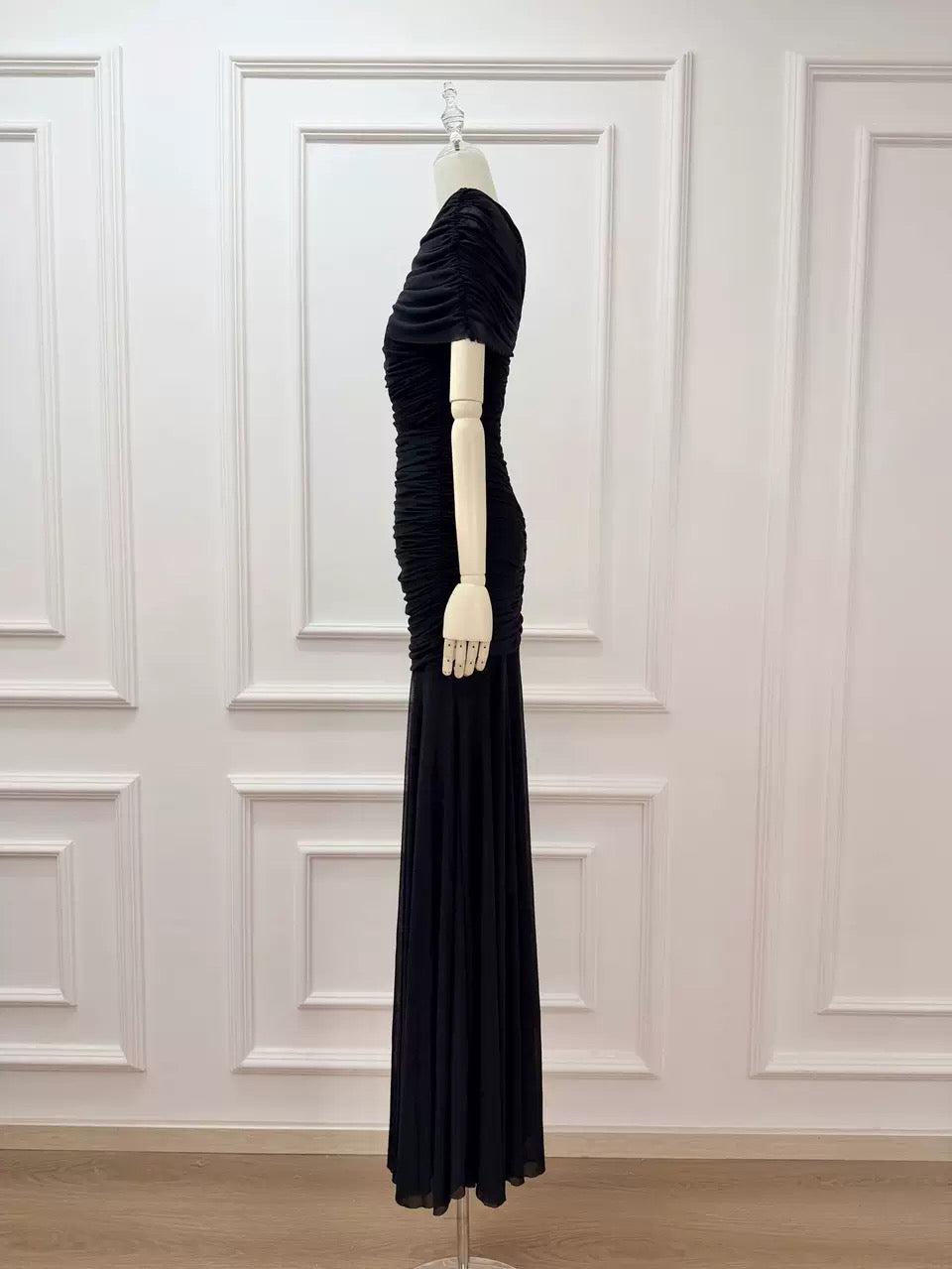 Draped Shoulder Maxi Dress in Black