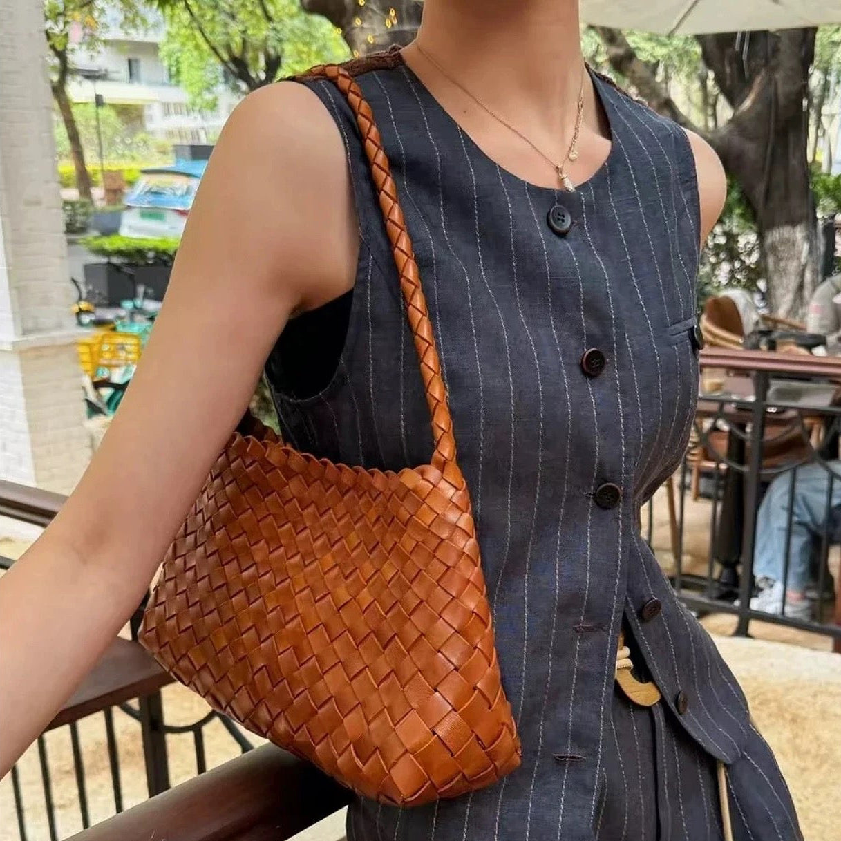Woven Shoulder Bag in Tan