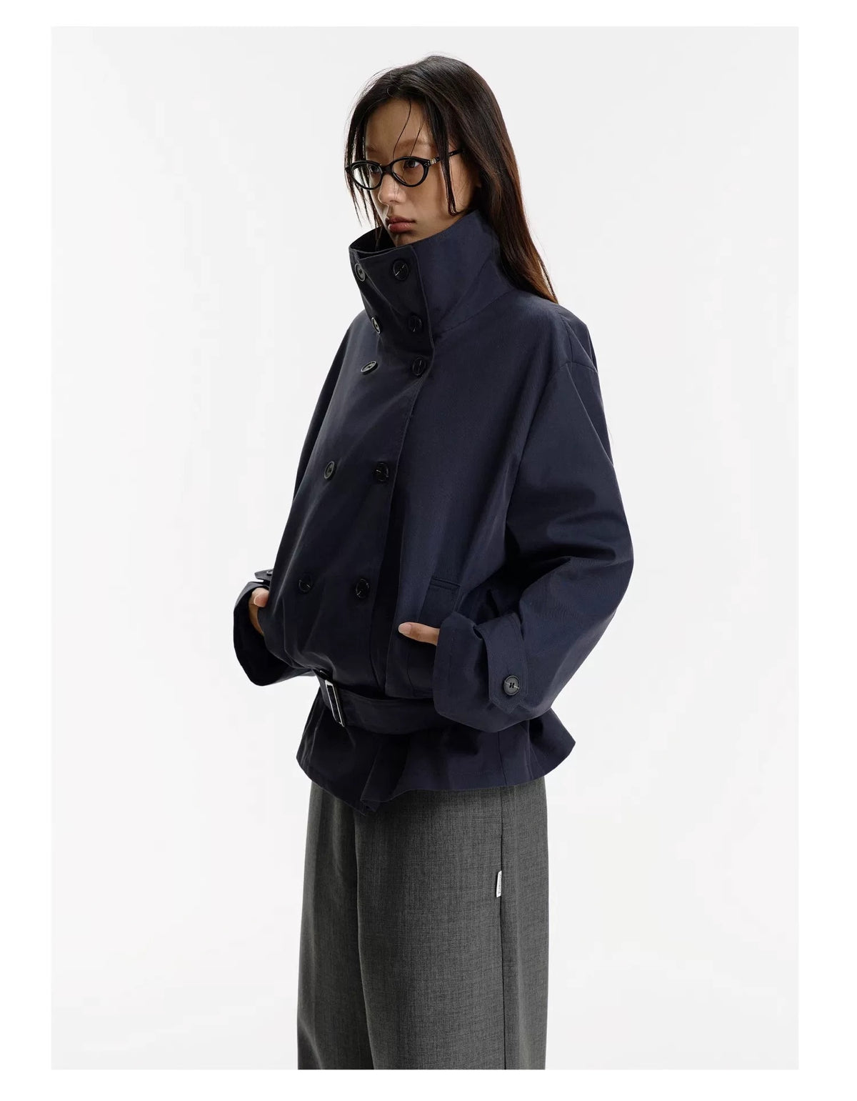 Mid-Length Trench Jacket in Navy Blue