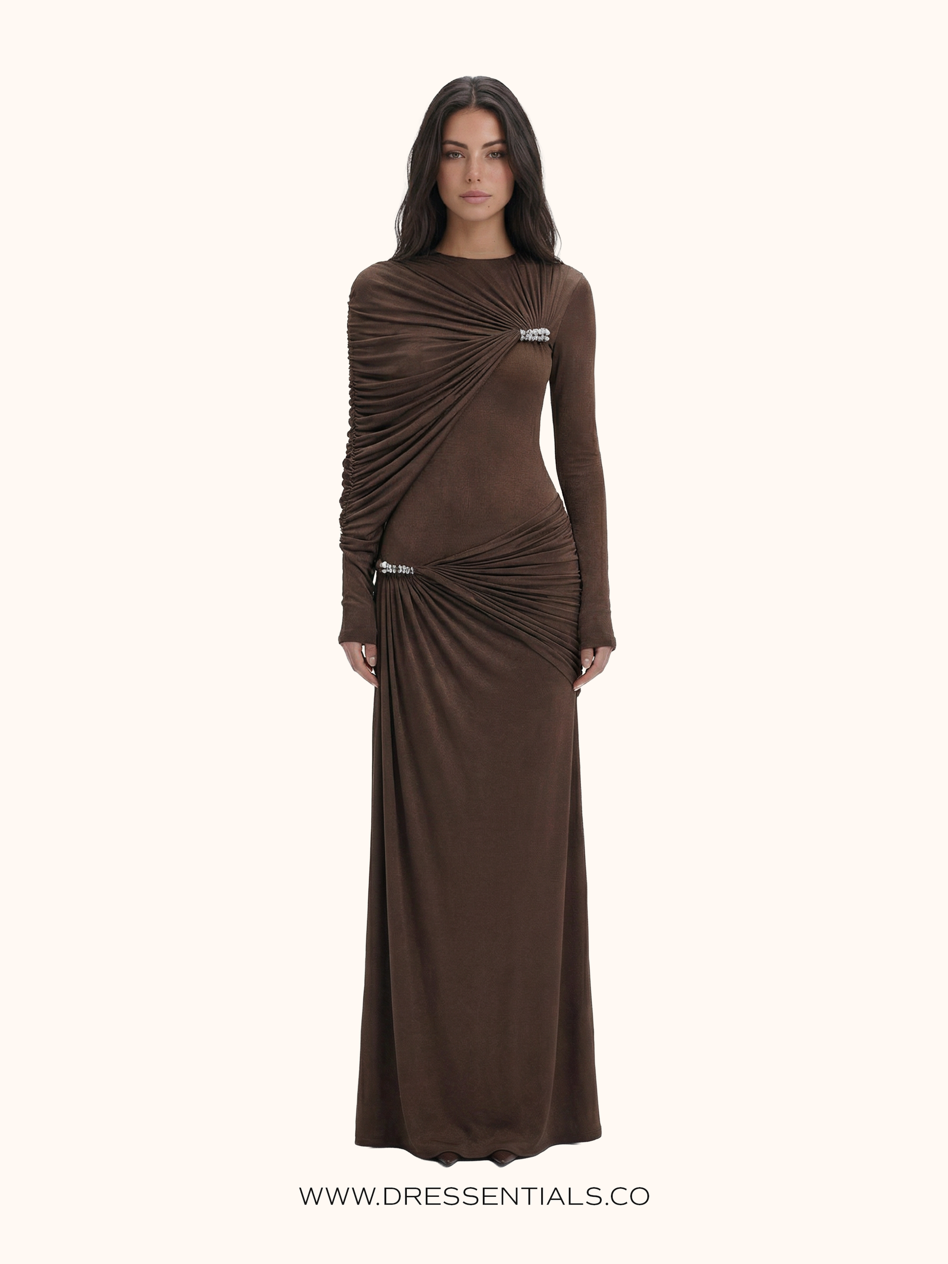 Ruched Long-Sleeve Maxi Dress in Brown