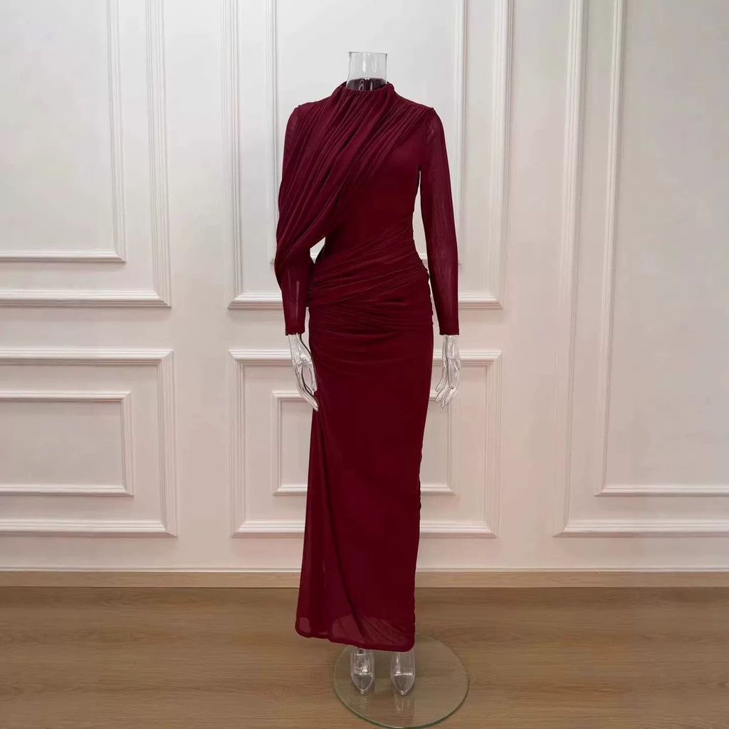 Asymmetric Pleated Drape Maxi Dress in Deep Red (Immediate)