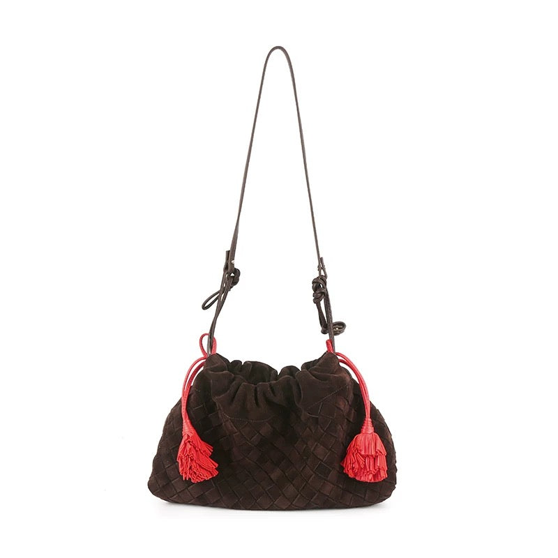 Two-tone Woven Clutch\ Shoulder Bag (Chocolate Suede & Red)