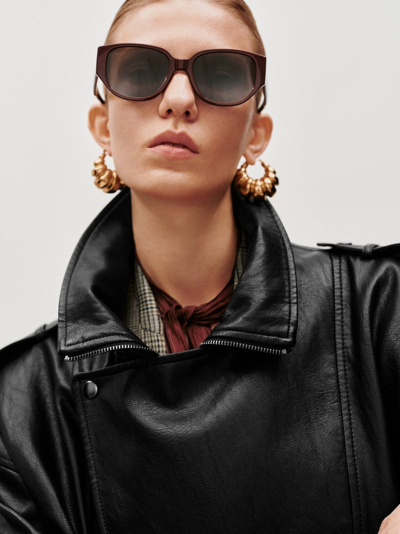 TIE ASYMMETRIC FAUX LEATHER BOMBER JACKET in black